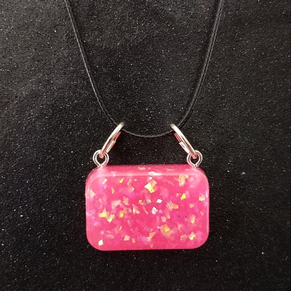 Neon pink faux opal rectangle pendant on 18" black necklace glow in the dark new